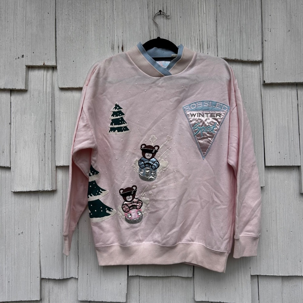 Vintage Marcy N‎ Me Pink Teddy Bear Bobsled Winter Sports Sweatshirt Women's